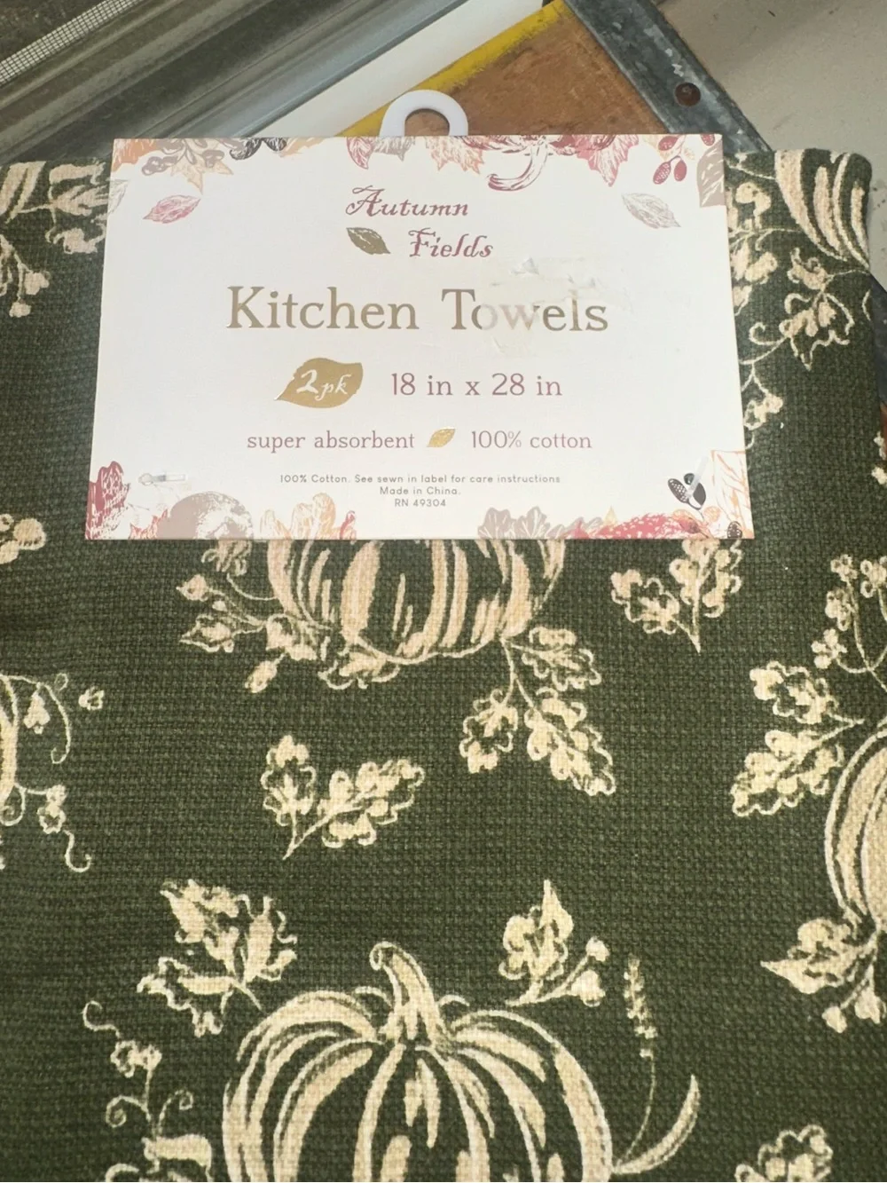 Kitchen Towel (2) with a Cream-Colored Pumpkin and Autumn Leaf Print ~ New
